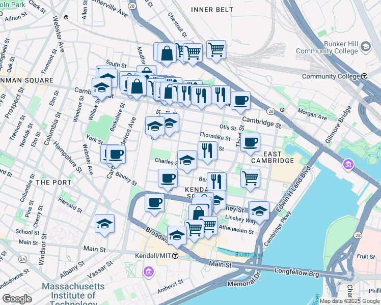 map of restaurants, bars, coffee shops, grocery stores, and more near 341 Hurley Street in Cambridge