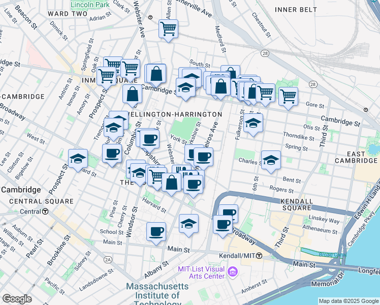 map of restaurants, bars, coffee shops, grocery stores, and more near 14 Vandine Street in Cambridge
