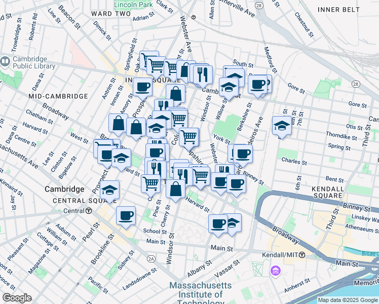 map of restaurants, bars, coffee shops, grocery stores, and more near 100 Hampshire Street in Cambridge