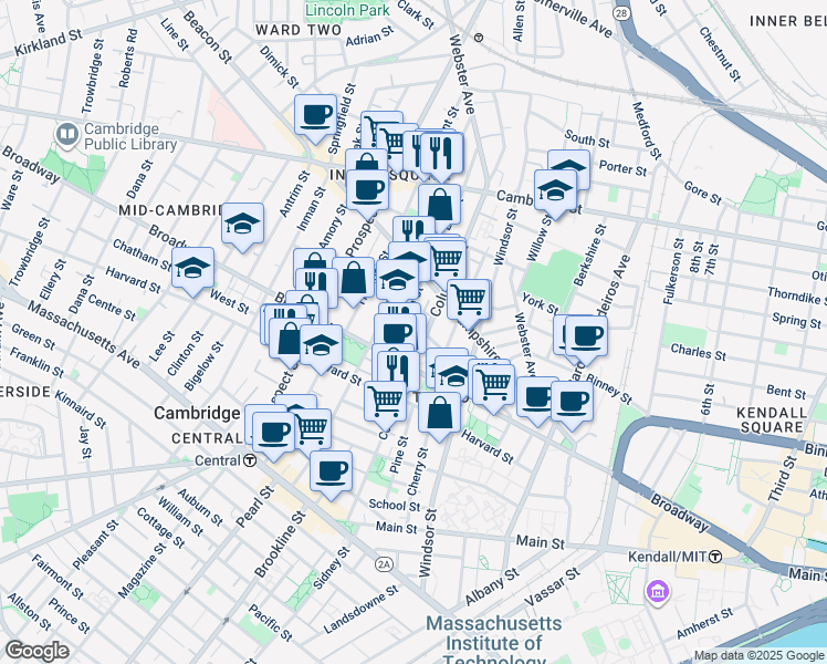 map of restaurants, bars, coffee shops, grocery stores, and more near 235 Columbia Street in Cambridge