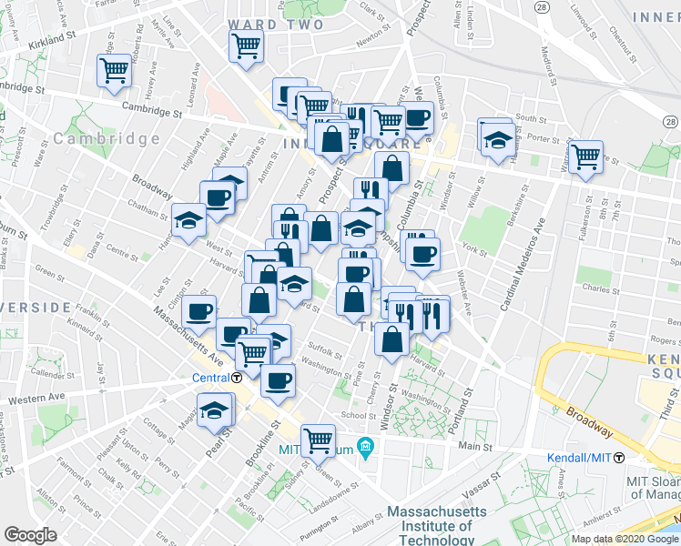 map of restaurants, bars, coffee shops, grocery stores, and more near 198-200 Norfolk Street in Cambridge