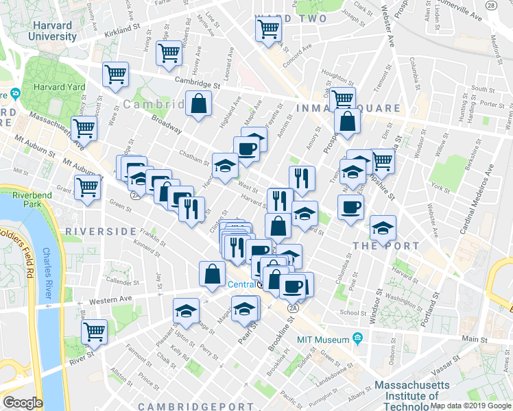 map of restaurants, bars, coffee shops, grocery stores, and more near 17 Bigelow Street in Cambridge