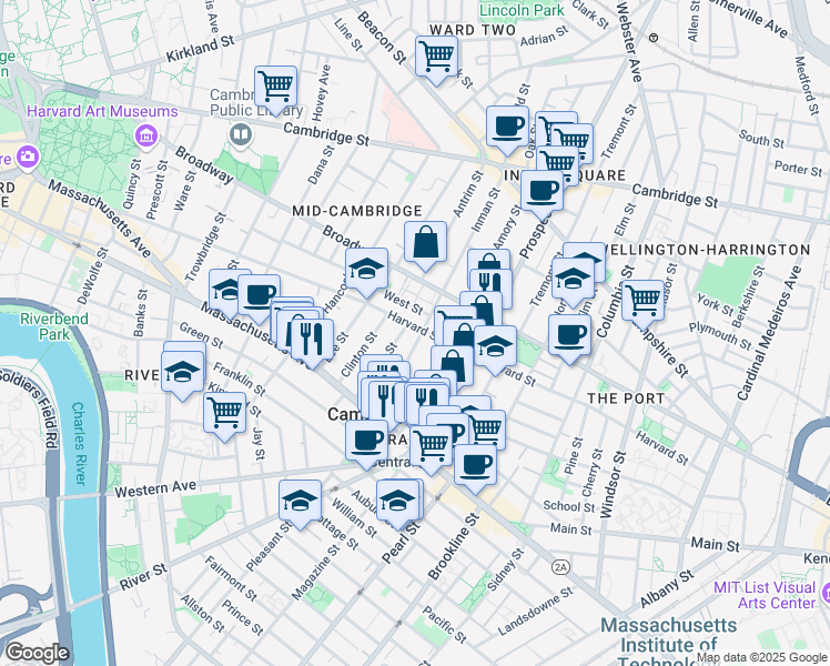 map of restaurants, bars, coffee shops, grocery stores, and more near 17 Bigelow Street in Cambridge