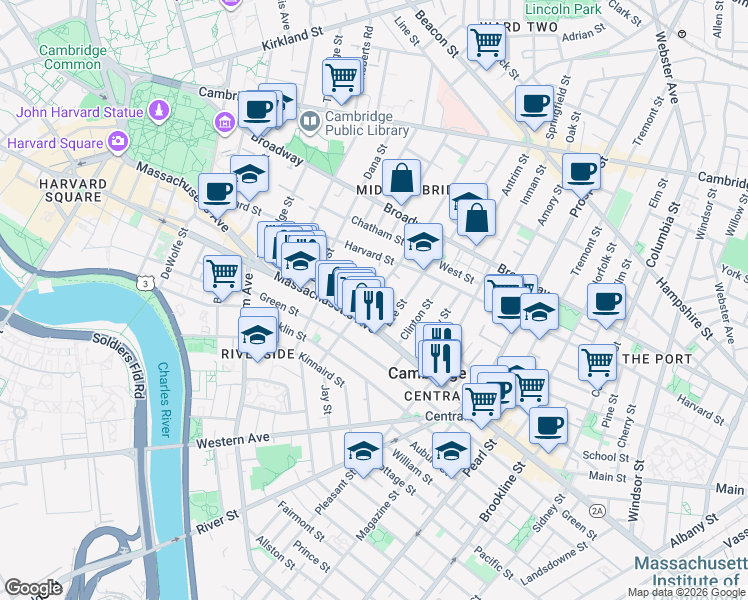 map of restaurants, bars, coffee shops, grocery stores, and more near 106 Hancock Street in Cambridge
