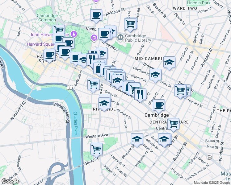 map of restaurants, bars, coffee shops, grocery stores, and more near 629 Green Street in Cambridge
