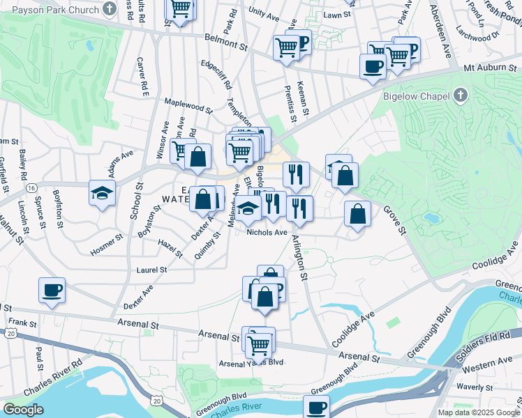 map of restaurants, bars, coffee shops, grocery stores, and more near 56 Bigelow Avenue in Watertown