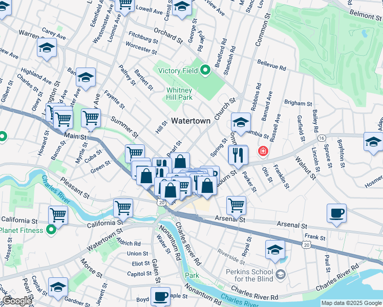 map of restaurants, bars, coffee shops, grocery stores, and more near 87 Church Street in Watertown