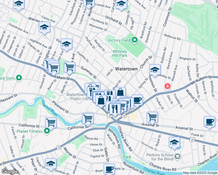 map of restaurants, bars, coffee shops, grocery stores, and more near 105 Summer Street in Watertown