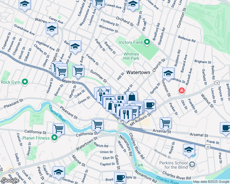 map of restaurants, bars, coffee shops, grocery stores, and more near 105 Summer Street in Watertown