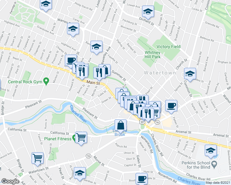 map of restaurants, bars, coffee shops, grocery stores, and more near 24 Whites Avenue in Watertown
