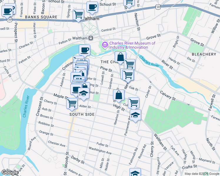 map of restaurants, bars, coffee shops, grocery stores, and more near 76 Cushing Street in Waltham