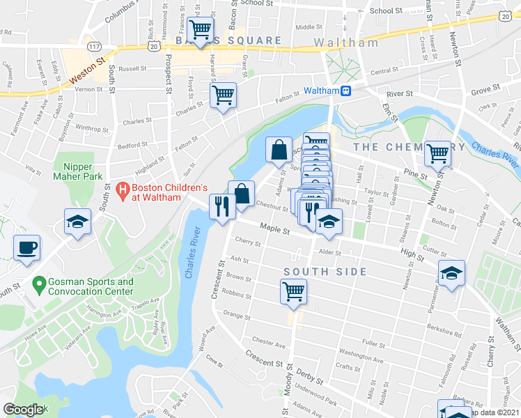 map of restaurants, bars, coffee shops, grocery stores, and more near 15 Chestnut Street in Waltham