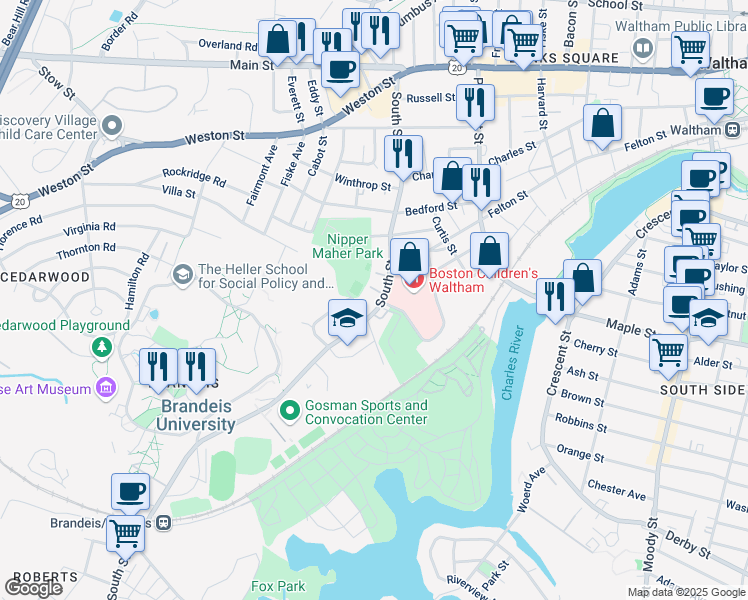 map of restaurants, bars, coffee shops, grocery stores, and more near 17 Shakespeare Road in Waltham