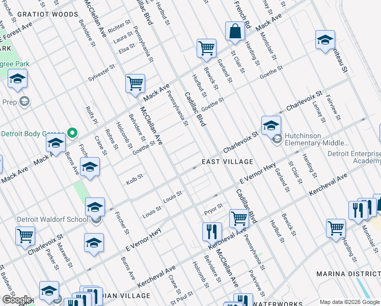 map of restaurants, bars, coffee shops, grocery stores, and more near 9354 Marietta Street in Detroit