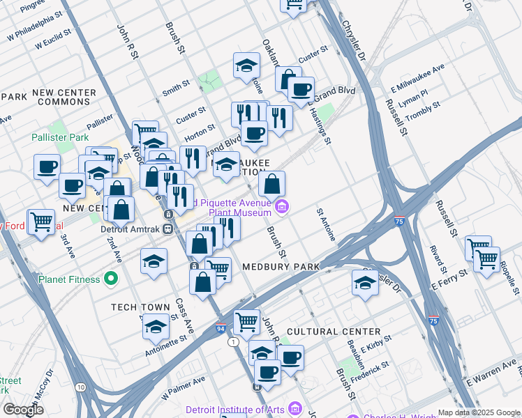 map of restaurants, bars, coffee shops, grocery stores, and more near 6269-6299 Brush Street in Detroit