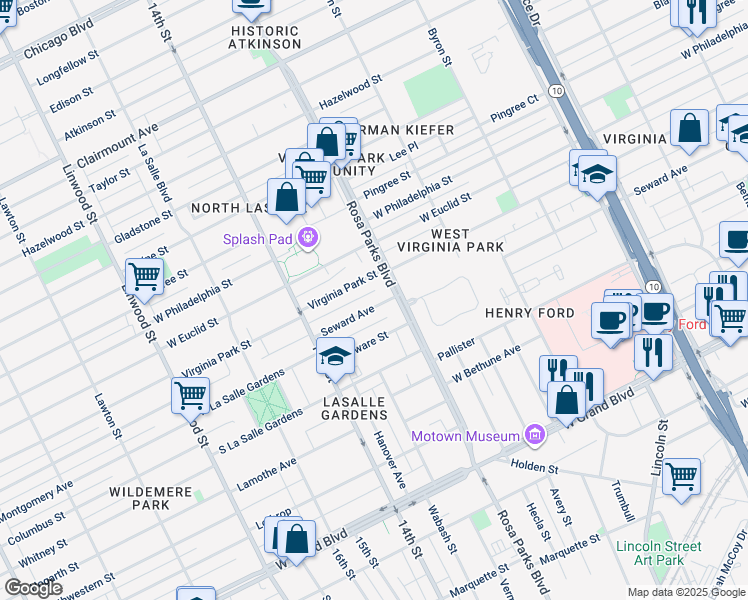map of restaurants, bars, coffee shops, grocery stores, and more near 1948 Seward Avenue in Detroit