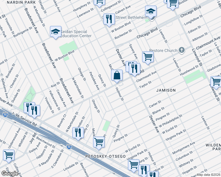map of restaurants, bars, coffee shops, grocery stores, and more near 4058 Joy Road in Detroit