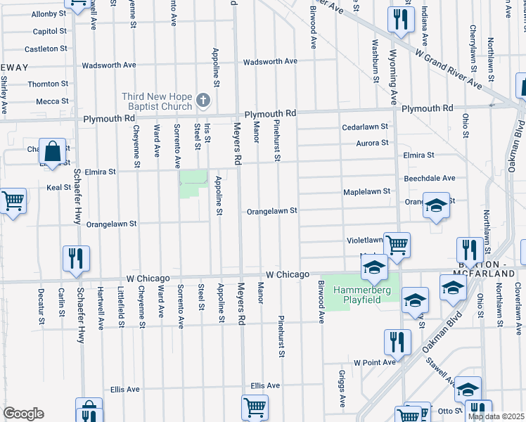 map of restaurants, bars, coffee shops, grocery stores, and more near 9903 Pinehurst Street in Detroit