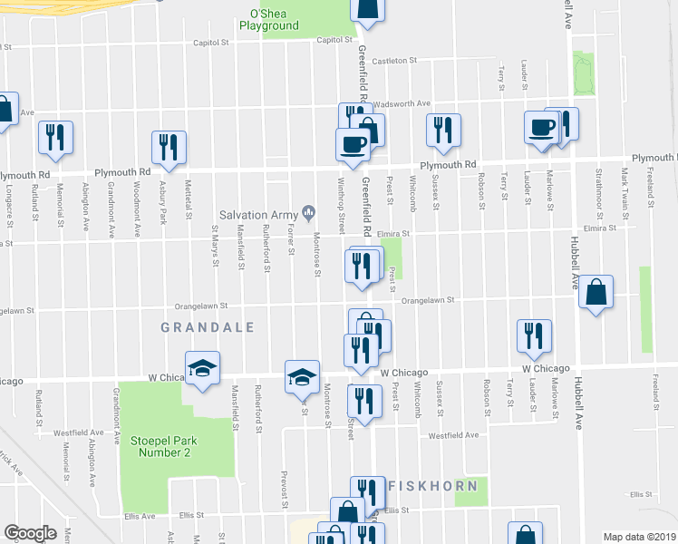 map of restaurants, bars, coffee shops, grocery stores, and more near 9965 Winthrop Street in Detroit