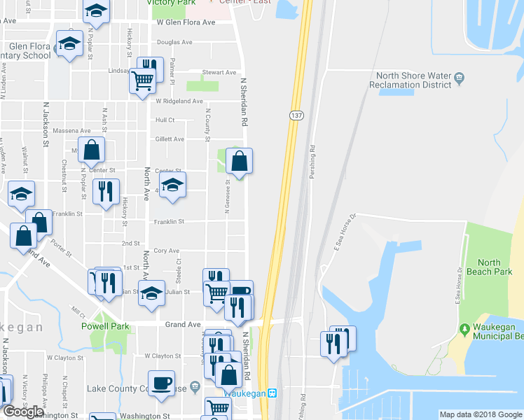 map of restaurants, bars, coffee shops, grocery stores, and more near 619 North Sheridan Road in Waukegan