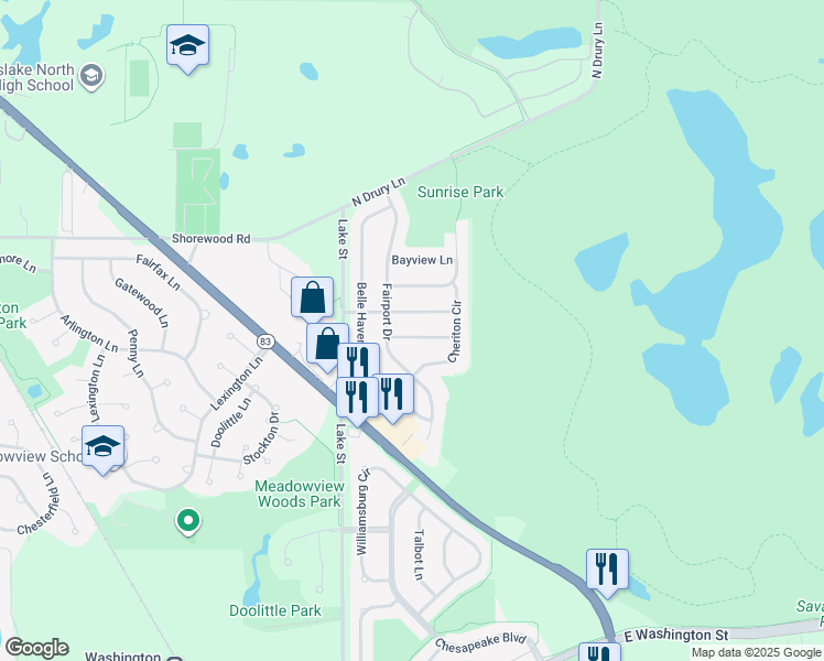 map of restaurants, bars, coffee shops, grocery stores, and more near 124 Suffolk Lane in Grayslake