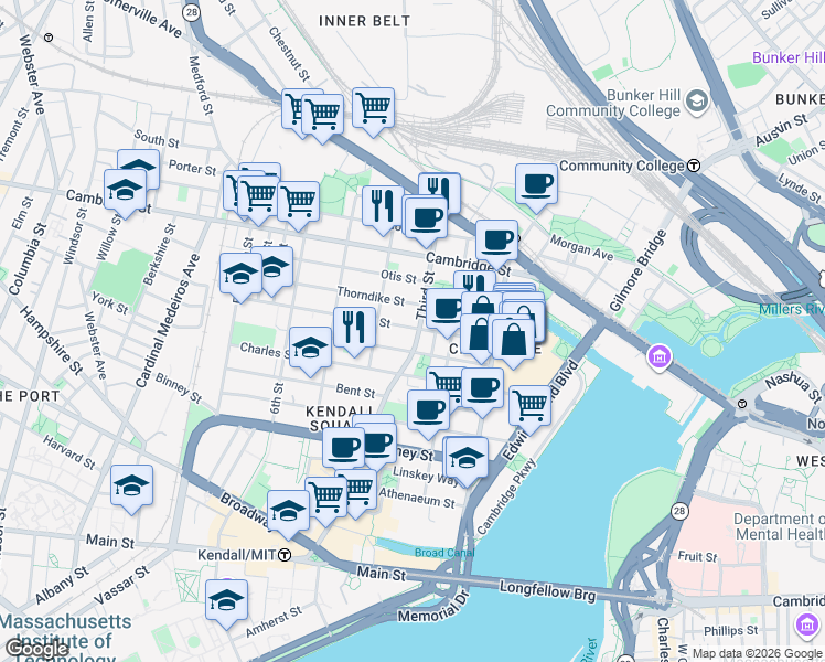 map of restaurants, bars, coffee shops, grocery stores, and more near 54 Spring Street in Cambridge