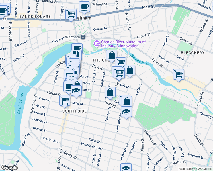 map of restaurants, bars, coffee shops, grocery stores, and more near 104 Cushing Street in Waltham