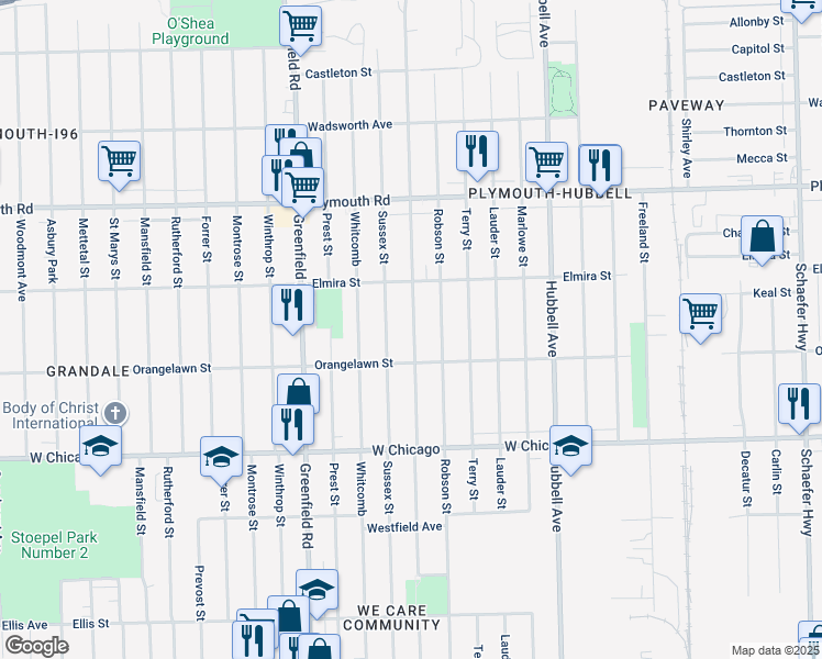 map of restaurants, bars, coffee shops, grocery stores, and more near 9963 Coyle Avenue in Detroit