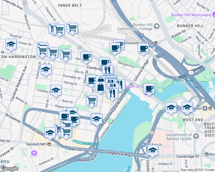 map of restaurants, bars, coffee shops, grocery stores, and more near in Cambridge