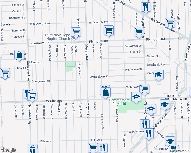 map of restaurants, bars, coffee shops, grocery stores, and more near 9903 Pinehurst Street in Detroit