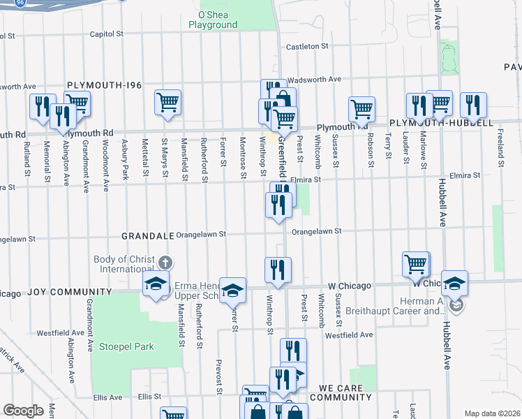 map of restaurants, bars, coffee shops, grocery stores, and more near 9979 Winthrop Street in Detroit