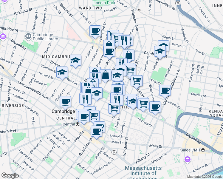 map of restaurants, bars, coffee shops, grocery stores, and more near 194 Norfolk St in Mid-Cambridge