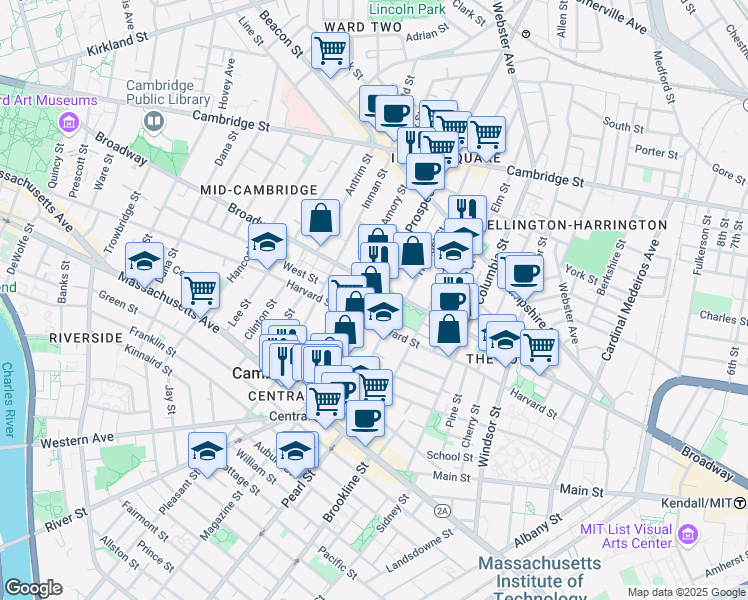map of restaurants, bars, coffee shops, grocery stores, and more near 150 Prospect Street in Cambridge