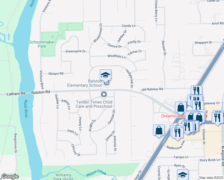 map of restaurants, bars, coffee shops, grocery stores, and more near 710 Ralston Road in Machesney Park