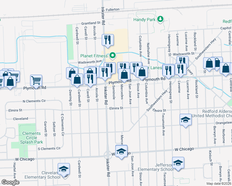 map of restaurants, bars, coffee shops, grocery stores, and more near 11409 Mercedes in Redford Charter Township