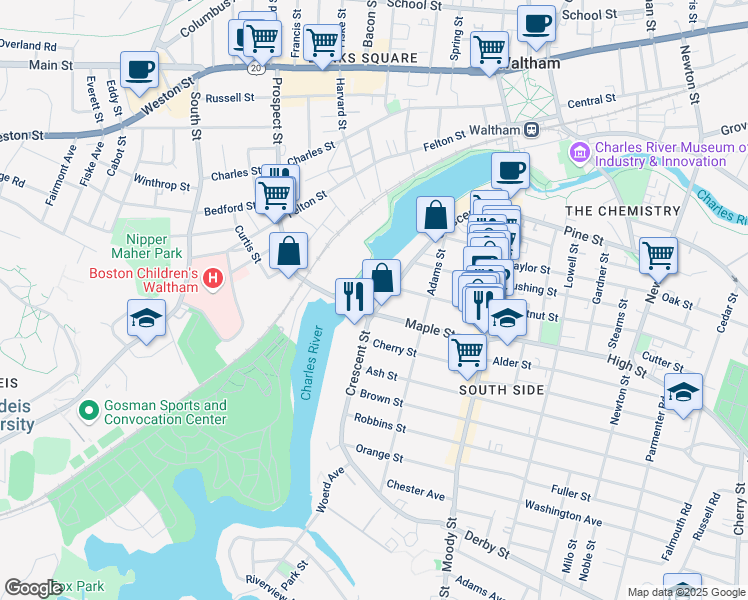 map of restaurants, bars, coffee shops, grocery stores, and more near 151 Crescent Street in Waltham