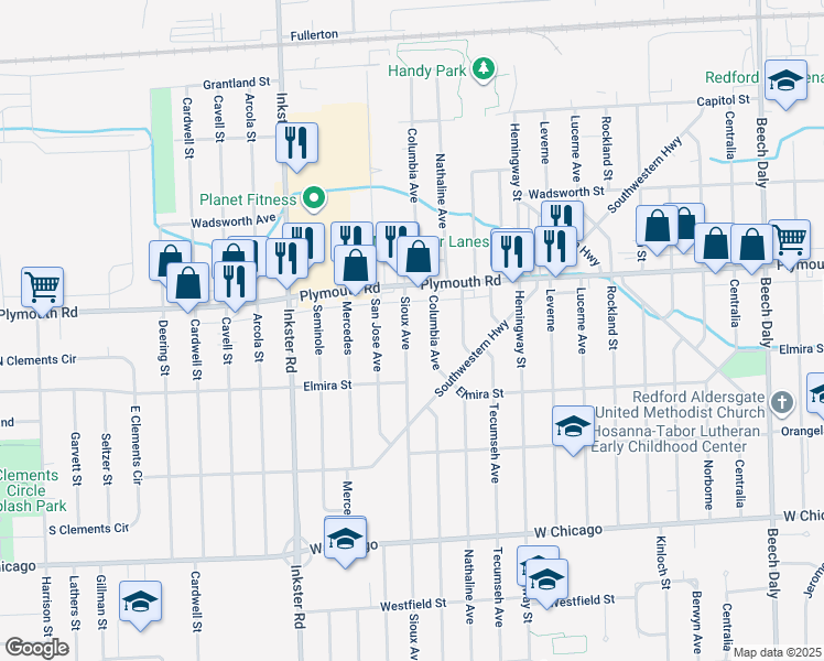 map of restaurants, bars, coffee shops, grocery stores, and more near 11400 Sioux in Redford Charter Township