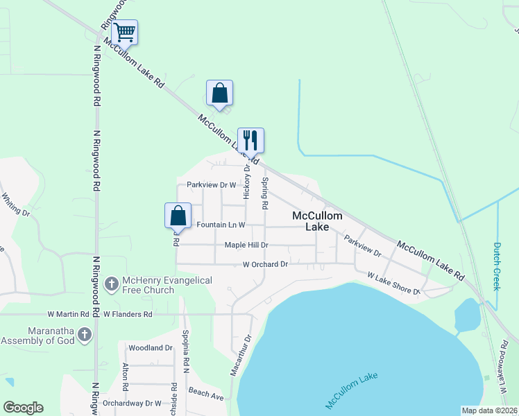 map of restaurants, bars, coffee shops, grocery stores, and more near 2907 Spring Road in McCullom Lake