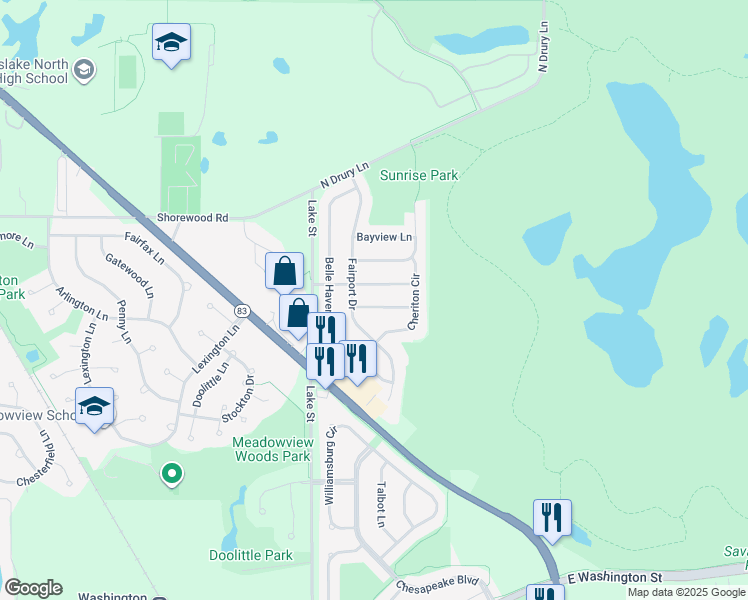 map of restaurants, bars, coffee shops, grocery stores, and more near 124 Suffolk Lane in Grayslake