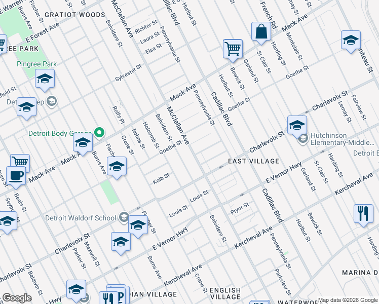 map of restaurants, bars, coffee shops, grocery stores, and more near 3121 McClellan Avenue in Detroit