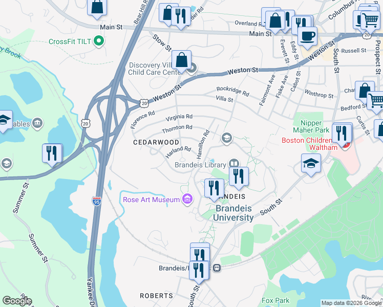 map of restaurants, bars, coffee shops, grocery stores, and more near 24 Harland Road in Waltham
