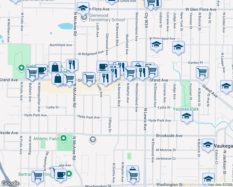 map of restaurants, bars, coffee shops, grocery stores, and more near 618 Berwick Boulevard in Waukegan