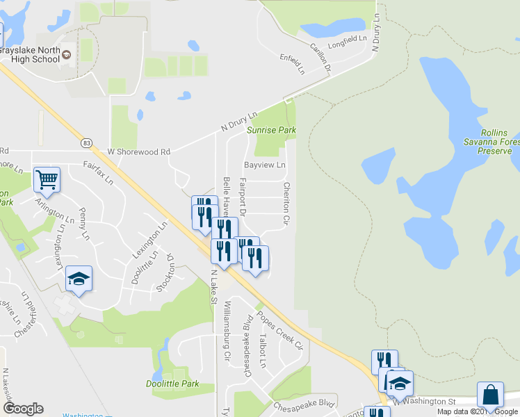map of restaurants, bars, coffee shops, grocery stores, and more near 124 Suffolk Lane in Grayslake