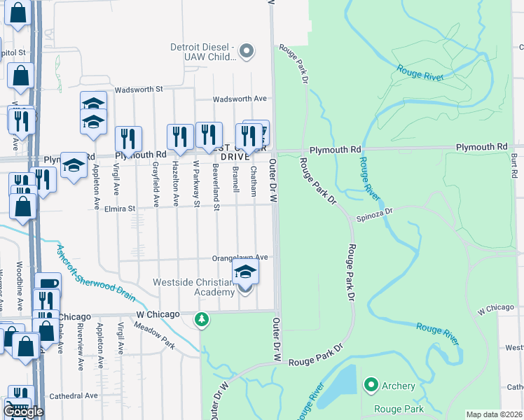 map of restaurants, bars, coffee shops, grocery stores, and more near 10050 Chatham in Detroit