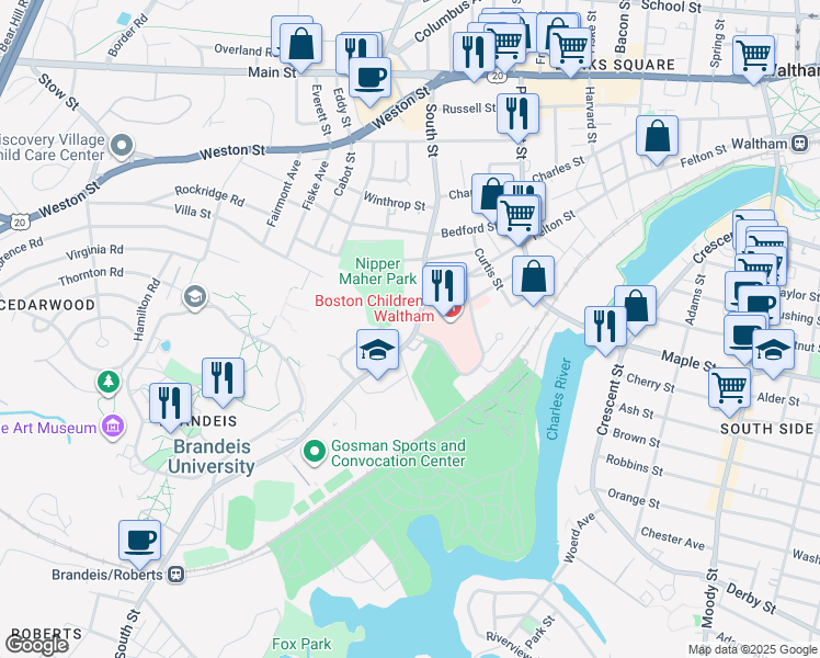 map of restaurants, bars, coffee shops, grocery stores, and more near 207 South Street in Waltham