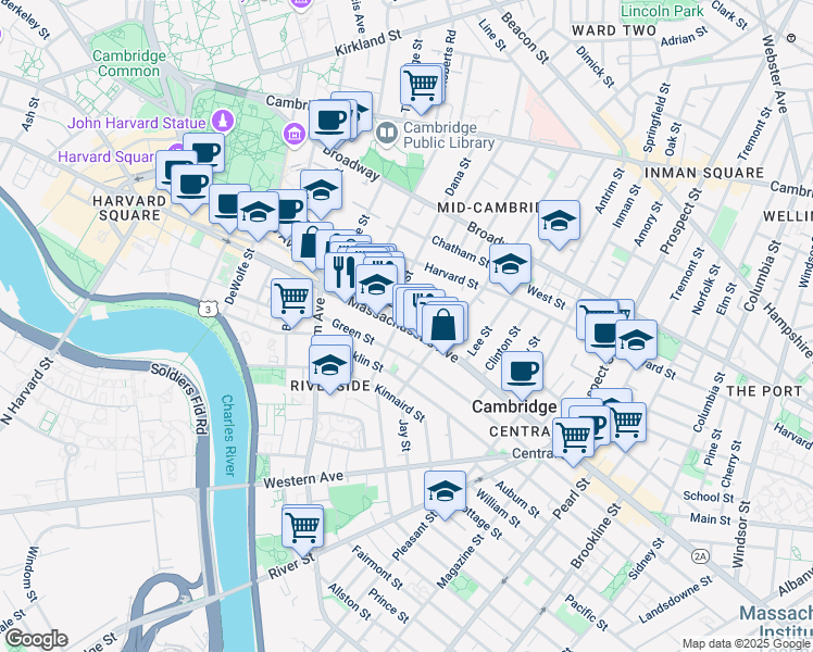 map of restaurants, bars, coffee shops, grocery stores, and more near 964 Massachusetts Avenue in Cambridge