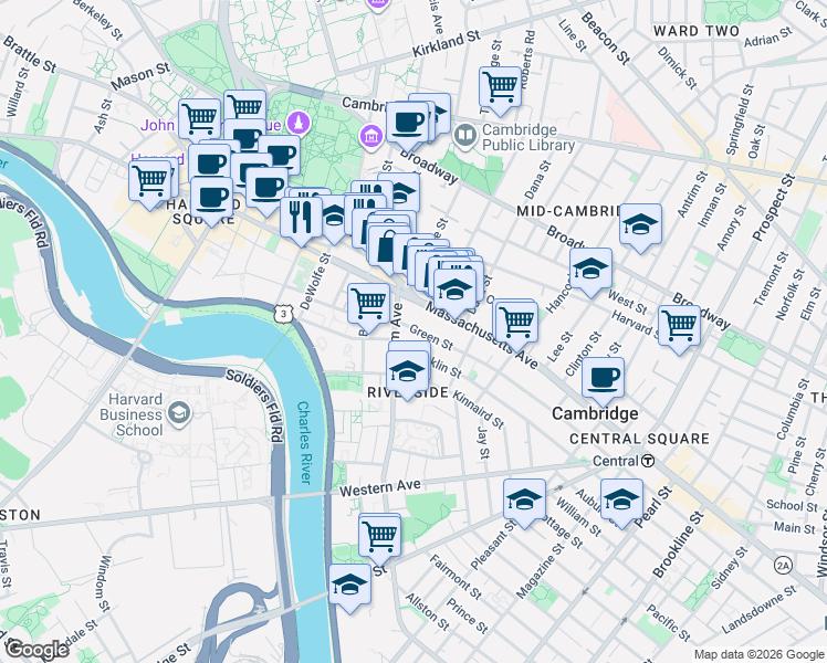 map of restaurants, bars, coffee shops, grocery stores, and more near 31 Putnam Avenue in Cambridge