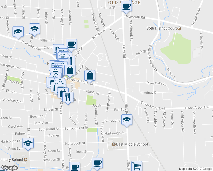 map of restaurants, bars, coffee shops, grocery stores, and more near 320 Ann Arbor Trail Court in Plymouth