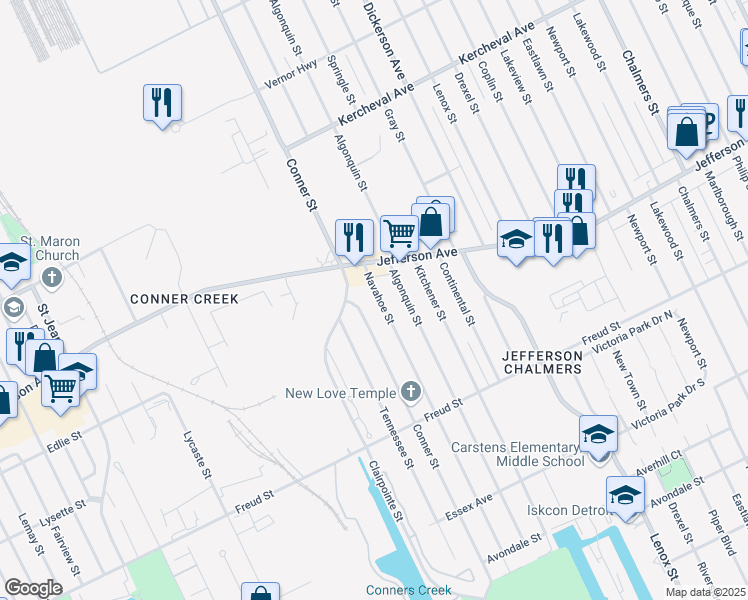 map of restaurants, bars, coffee shops, grocery stores, and more near 989 Navahoe Street in Detroit