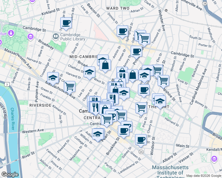 map of restaurants, bars, coffee shops, grocery stores, and more near 273 Harvard Street in Cambridge